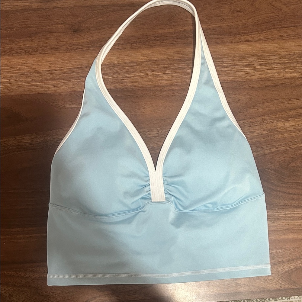 Frankie’s Bikinis Blue Halter Top with White Trim